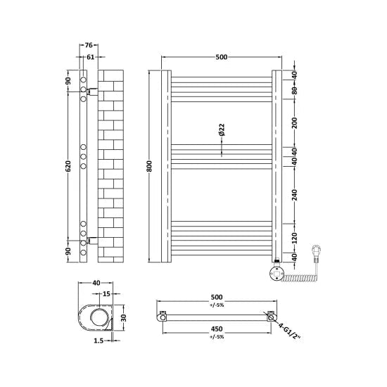 Nuie Brushed Brass Vertical Electric Heated Towel Rail - 800mm x 500mm - Trusted Building Supplies