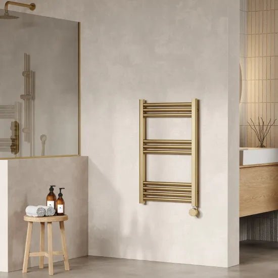 Nuie Brushed Brass Vertical Electric Heated Towel Rail - 800mm x 500mm - Trusted Building Supplies