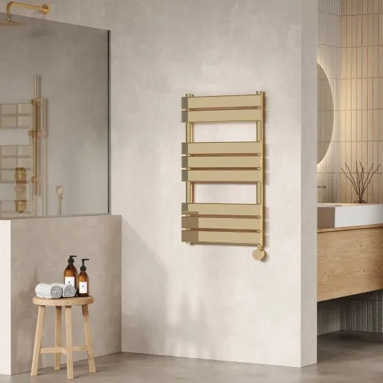 Nuie Brushed Brass Vertical Electric Heated Towel Rail - 840mm x 500mm - Trusted Building Supplies