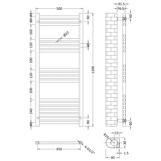 Nuie Choice Brushed Brass Vertical Heated Towel Rail - 1200mm x 500mm - Trusted Building Supplies
