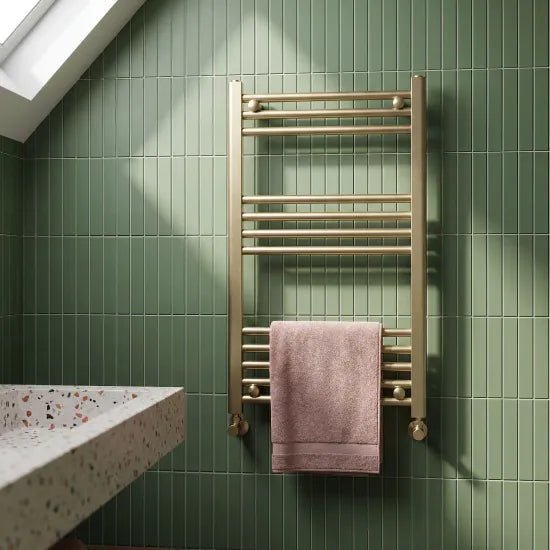 Nuie Choice Brushed Brass Vertical Heated Towel Rail - 800mm x 500mm - Trusted Building Supplies