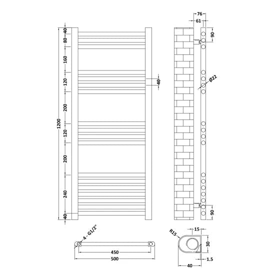 Nuie Choice Chrome Vertical Heated Towel Rail - 1200mm x 500mm - Trusted Building Supplies