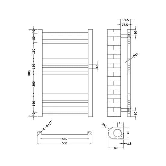 Nuie Choice Matt White Vertical Heated Towel Rail - 800mm x 500mm - Trusted Building Supplies