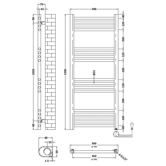 Nuie Chrome Vertical Electric Heated Towel Rail - 1200mm x 500mm - Trusted Building Supplies