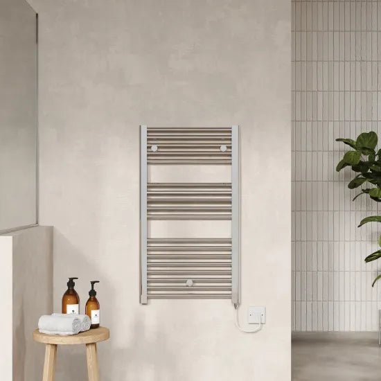 Nuie Chrome Vertical Electric Heated Towel Rail - 920mm x 480mm - Trusted Building Supplies