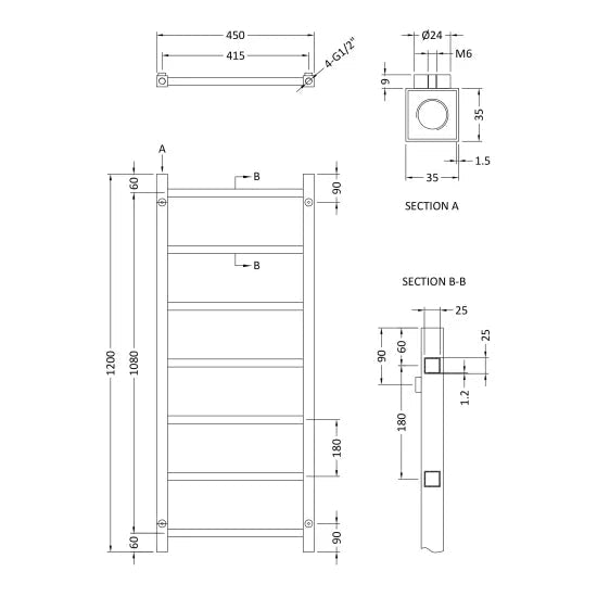 Nuie Eton Chrome Horizontal Heated Towel Rail - 1200mm x 450mm - Trusted Building Supplies