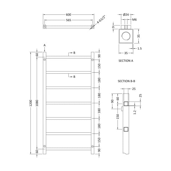 Nuie Eton Chrome Horizontal Heated Towel Rail - 1200mm x 600mm - Trusted Building Supplies