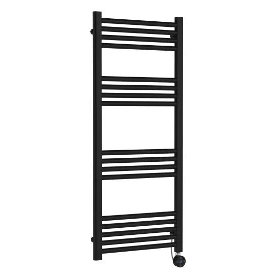 Nuie Matt Black Vertical Electric Heated Towel Rail - 1200mm x 500mm - Trusted Building Supplies