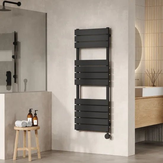 Nuie Matt Black Vertical Electric Heated Towel Rail - 1213mm x 500mm - Trusted Building Supplies