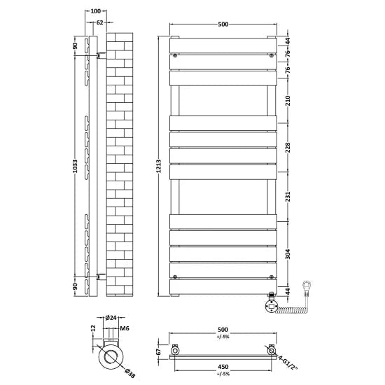 Nuie Matt Black Vertical Electric Heated Towel Rail - 1213mm x 500mm - Trusted Building Supplies