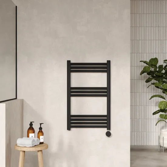 Nuie Matt Black Vertical Electric Heated Towel Rail - 800mm x 500mm - Trusted Building Supplies