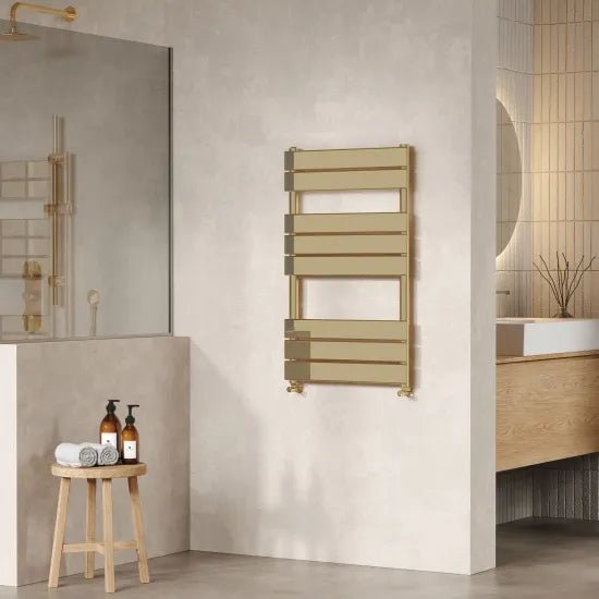 Nuie Piazza Brushed Brass Vertical Heated Towel Rail - 840mm x 500mm - Trusted Building Supplies