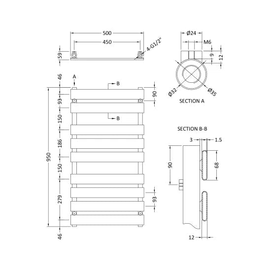 Nuie Piazza Chrome Horizontal Heated Towel Rail - 950mm x 500mm - Trusted Building Supplies