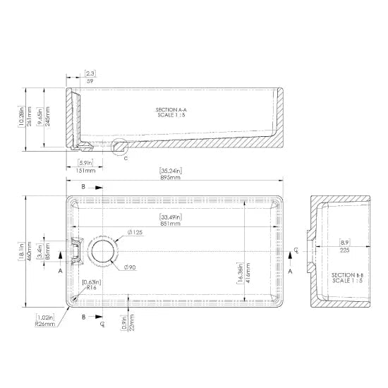 Nuie White Belfast Fireclay Kitchen Sink 1 Bowl - 895mm x 460mm - Trusted Building Supplies