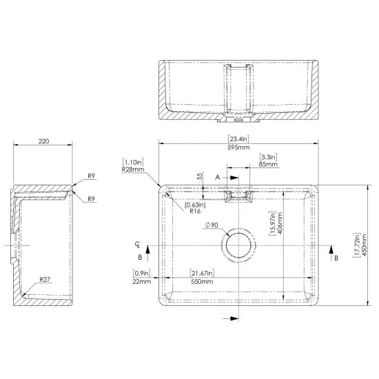 Nuie White Belfast Fireclay Kitchen Sink 1 Bowl with Overflow - 595mm x 450mm - Trusted Building Supplies