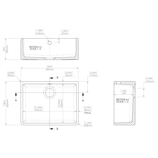Nuie White Butler Fireclay Kitchen Sink 1 Bowl with Overflow - 595mm x 450mm - Trusted Building Supplies