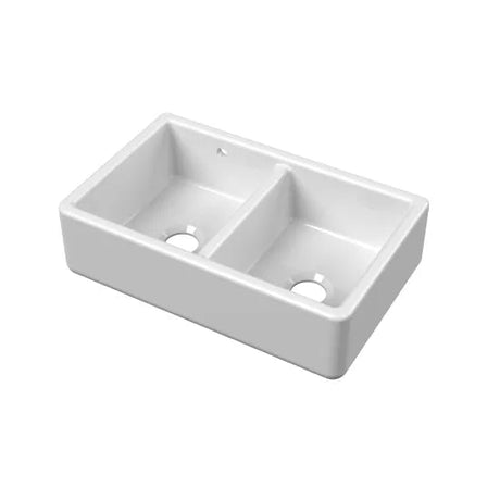 Nuie White Butler Thick Edged Kitchen Sink with Overflow 2 Bowl - 795mm x 500mm - Trusted Building Supplies