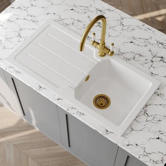 Nuie White Inset Fireclay Kitchen Sink 1 Bowl - 865mm x 435mm - Trusted Building Supplies