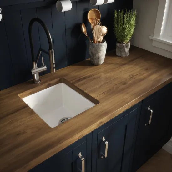 Nuie White Undermount Fireclay Kitchen Sink 1 Bowl with Overflow - 457mm x 457mm - Trusted Building Supplies