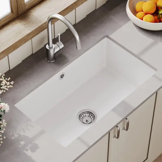Nuie White Undermount Fireclay Kitchen Sink 1 Bowl with Overflow - 763mm x 457mm - Trusted Building Supplies