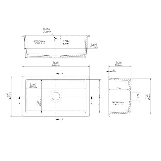 Nuie White Undermount Fireclay Kitchen Sink 1 Bowl with Overflow - 763mm x 457mm - Trusted Building Supplies