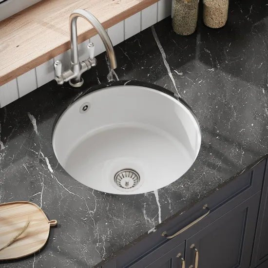 Nuie White Undermount Round Kitchen Sink 1 Bowl with Overflow - 460mm - Trusted Building Supplies
