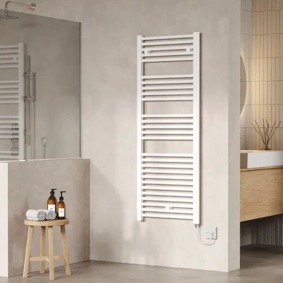 Nuie White Vertical Electric Heated Towel Rail - 1375mm x 480mm - Trusted Building Supplies