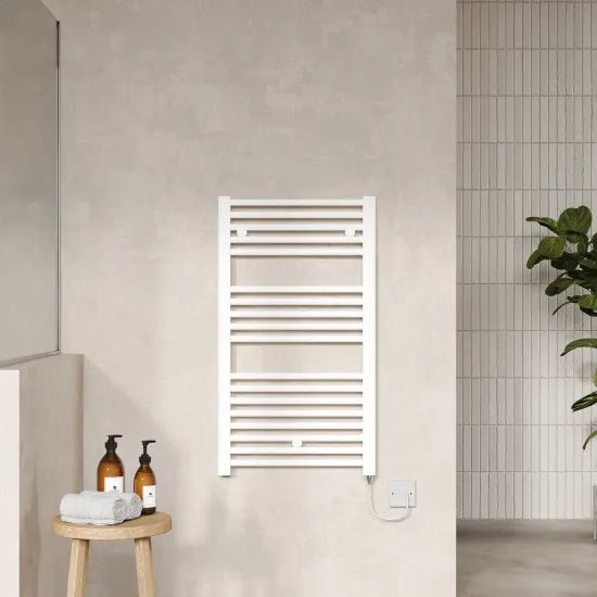 Nuie White Vertical Electric Heated Towel Rail - 920mm x 480mm - Trusted Building Supplies