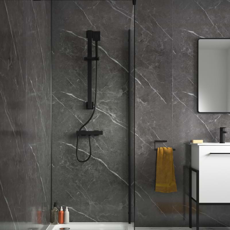 Splashpanel Pietra Anthracite Gloss PVC wall panels in a bathroom setting